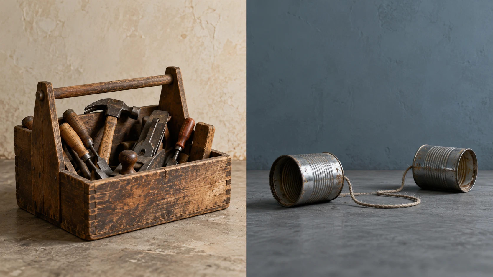 An editorial photograph split down the middle. On the left, a worn wooden carpenter's toolbox full of chisels, a hammer and a hand plane sits against a warm plaster wall. On the right, a pair of rusting tin-can telephones lies unused on a grey floor, joined by a slack string.