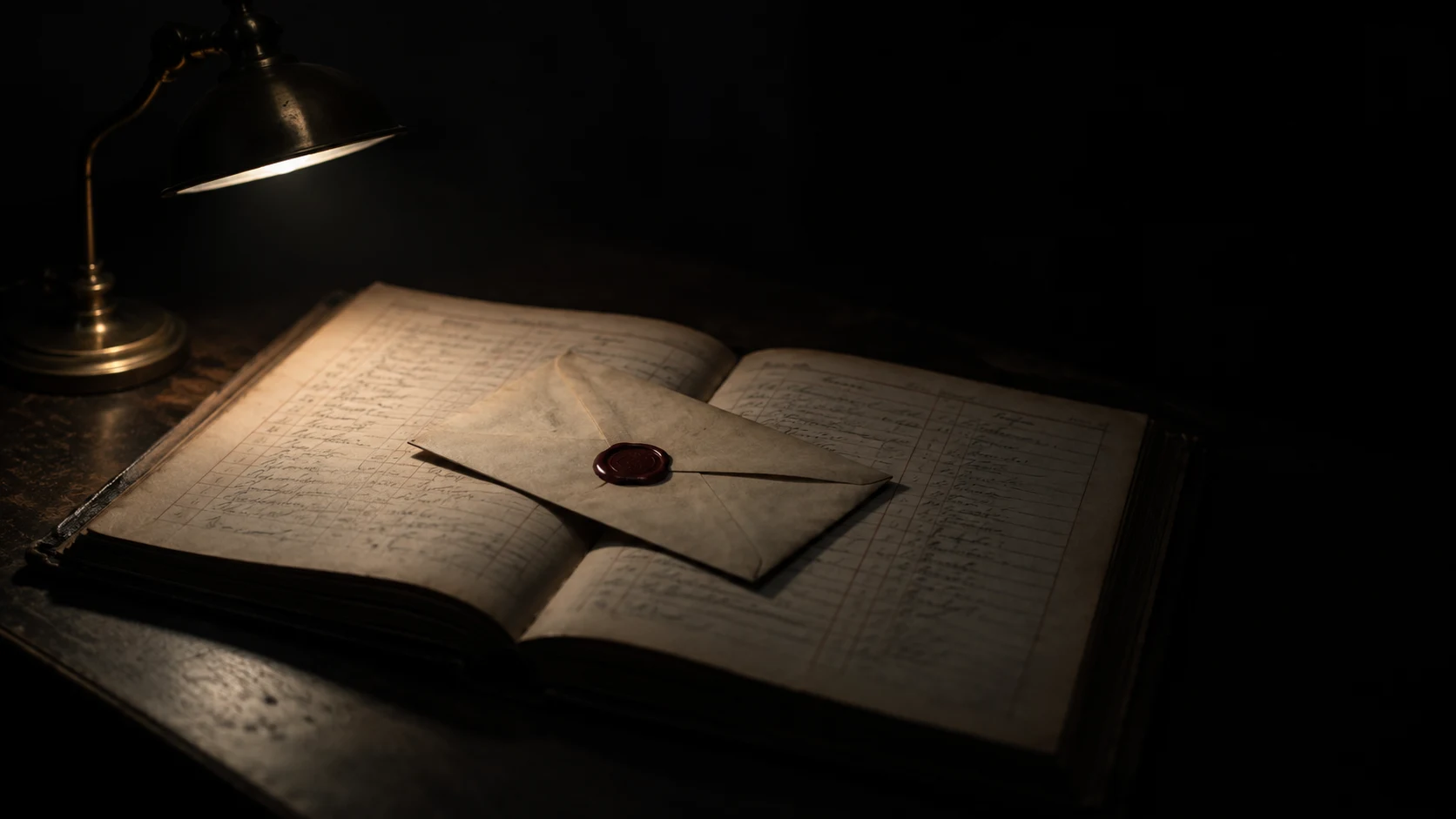 An editorial photograph of an open, aged ledger with handwritten ruled entries on a dark desk, lit by a single brass lamp in an otherwise black room. A sealed envelope with a dark red wax seal lies across the middle of the pages, covering the key entry.