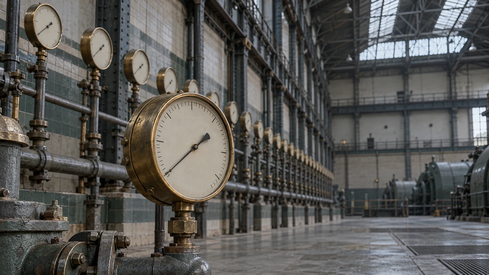 An editorial photograph of a vast, empty old boiler hall under overcast skylights, where a long tiled wall carries dozens of identical brass pressure gauges receding into the distance. One brass gauge on a pipe in the foreground is in sharp focus.