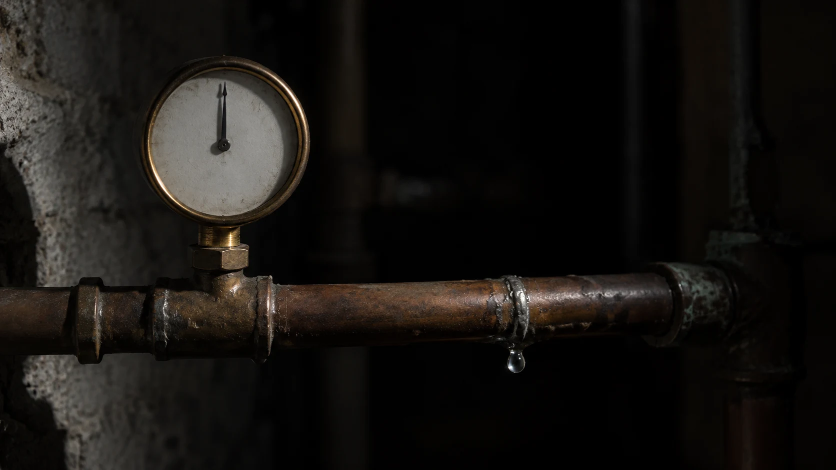 An editorial photograph of a dark basement where a single beam picks out a brass pressure gauge on an old copper pipe. The gauge's needle points calmly upright while, further along the pipe, a drop of water hangs from a soldered joint.