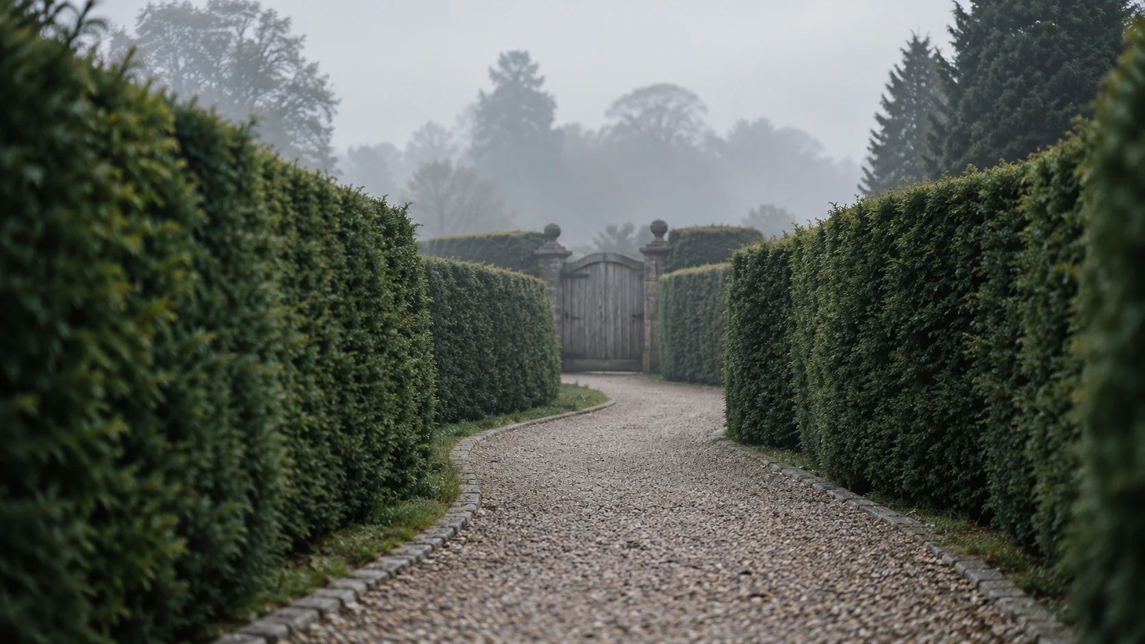 An editorial photograph of a raked gravel path curving between tall clipped yew hedges on a misty, overcast morning. At the end of the path stands a closed wooden garden gate between two stone pillars.