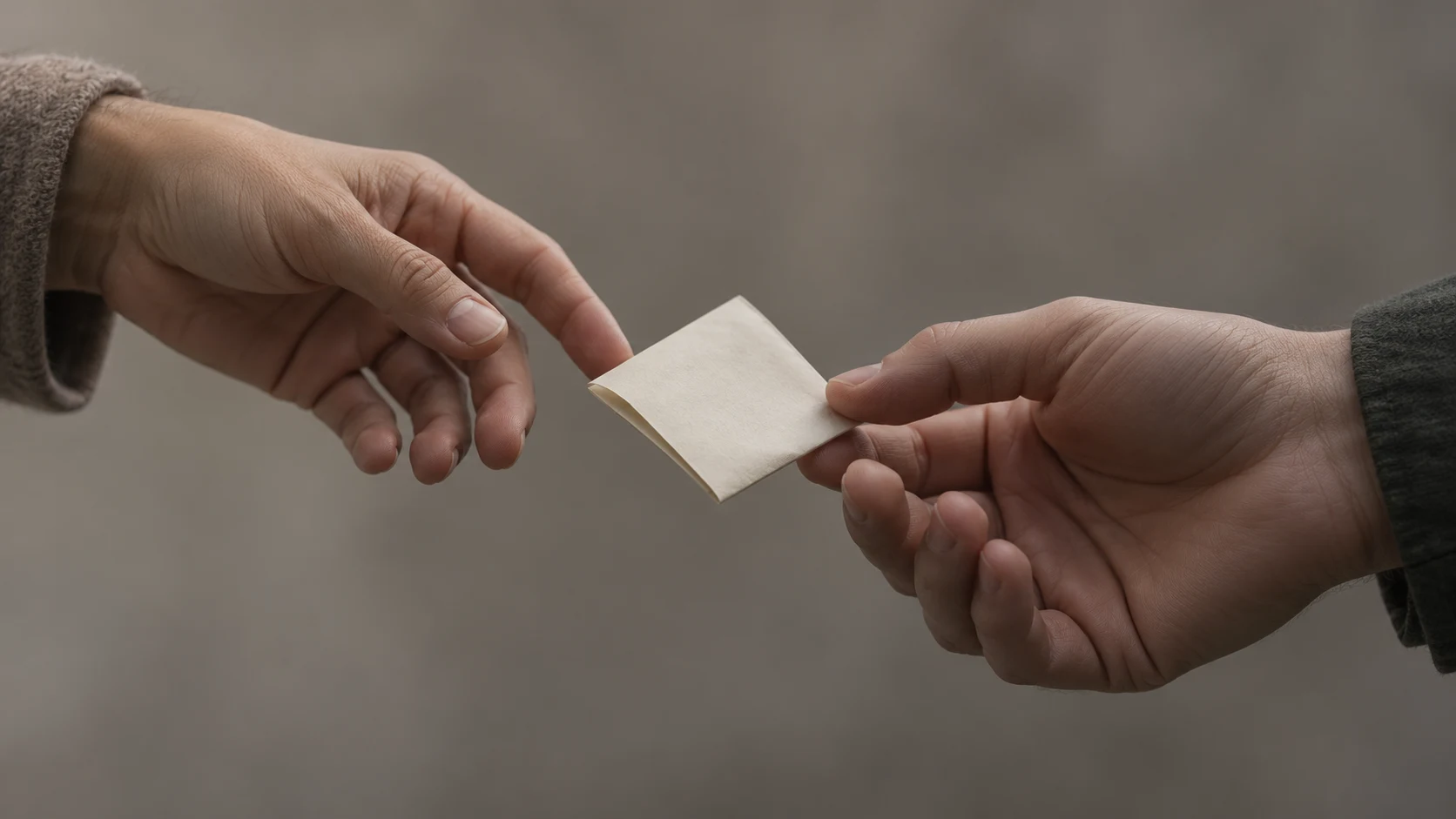 An editorial photograph of two hands passing a small folded cream note against a plain blurred grey backdrop. The hand on the left has already opened and is letting go, touching the note with one fingertip, while the hand on the right holds only its far corner.