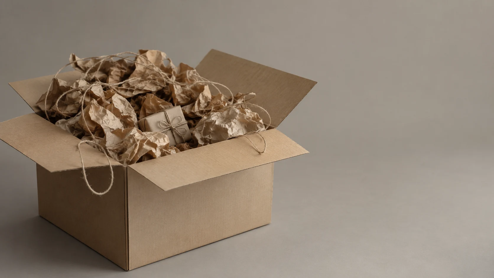 An editorial photograph of a large open cardboard box on a seamless warm-grey backdrop, overflowing with crumpled brown packing paper and loose twine. Deep inside, almost lost in the packing, sits one tiny parcel tied with string.