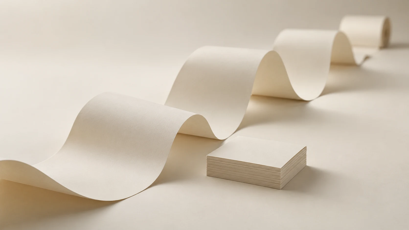An editorial photograph of a long roll of blank cream paper unspooling in loose waves across a seamless cream backdrop into the distance. In the foreground sits a small, neatly squared stack of blank cards.