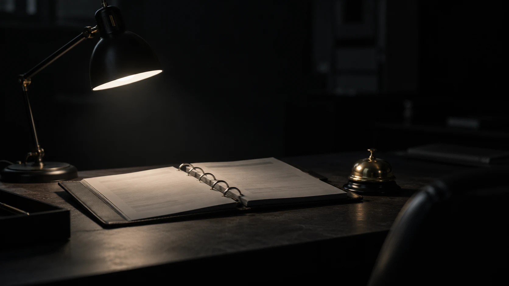 An editorial photograph of a dark room at night where a single black desk lamp lights an open ring-binder runbook on a dark desk. A small brass service bell sits at the edge of the light, and the rest of the room falls into shadow.