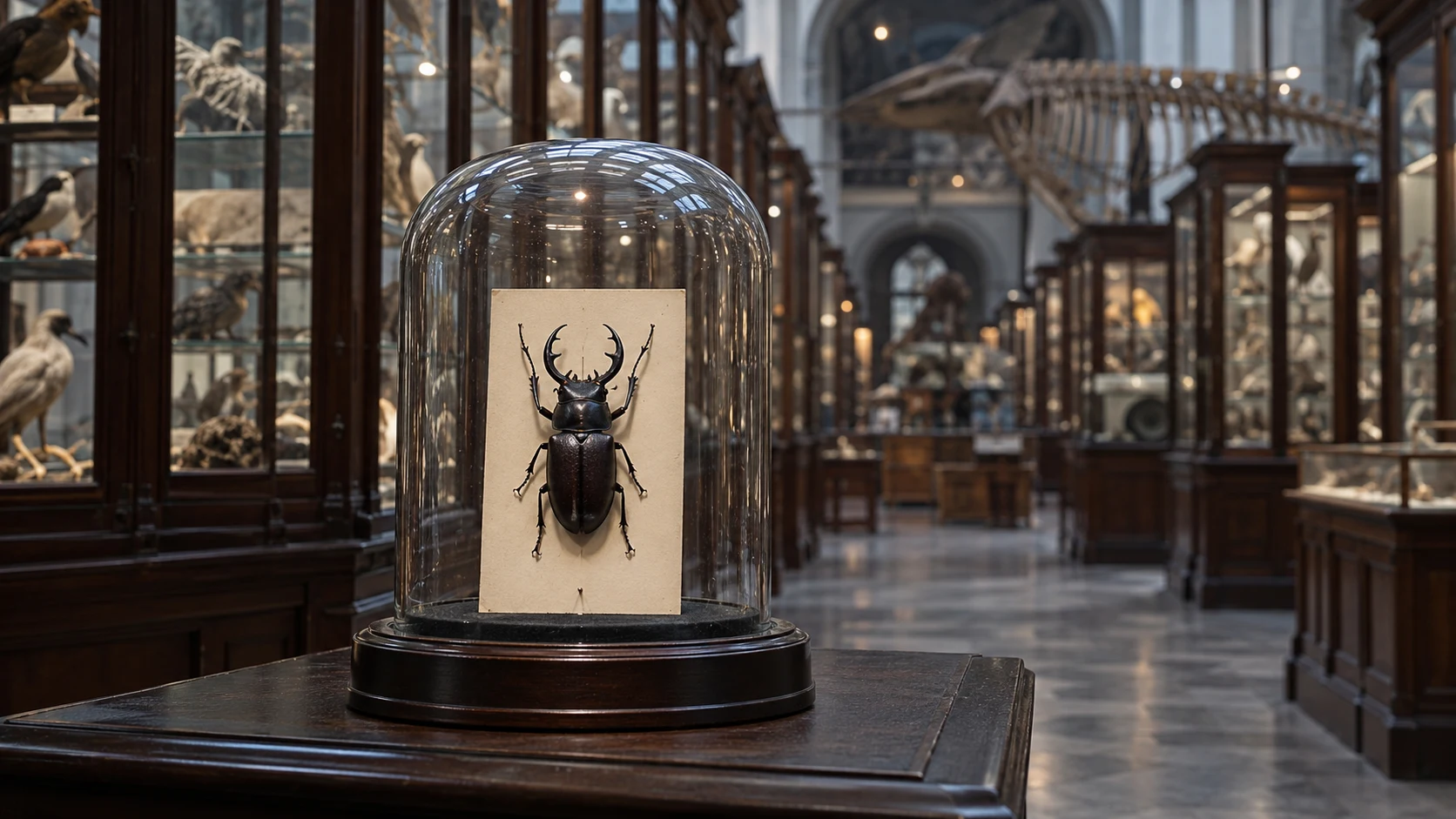 An editorial photograph of a dark beetle pinned to a cream card under a glass dome on a dark wooden plinth in a natural-history museum. Rows of glass-fronted wooden cabinets and a hanging whale skeleton recede into soft focus behind it.