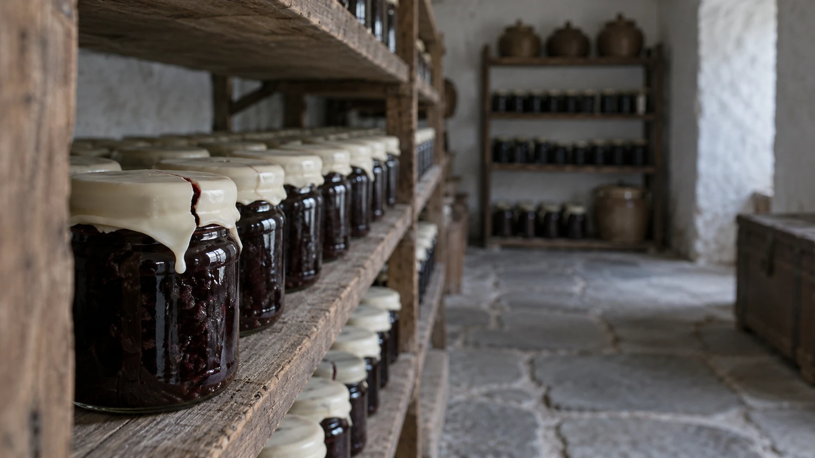 An editorial photograph of a stone-floored pantry with long wooden shelves of identical jars of dark preserves, each sealed with a cream wax cap. In the sharp foreground, one jar's wax seal is cracked, while the rows behind fall into soft focus.