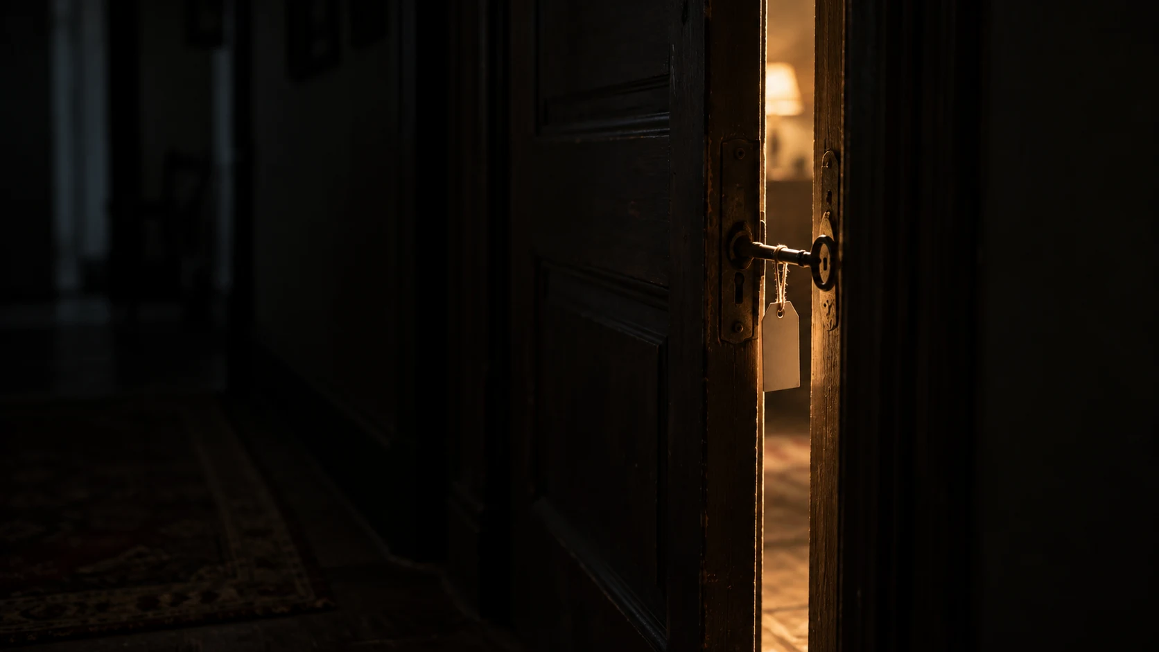 An editorial photograph of a dark wooden door standing ajar in a black hallway at night, a thin slit of warm lamplight spilling from the room inside. An old key is still in the lock, with a blank paper tag hanging from it on string.