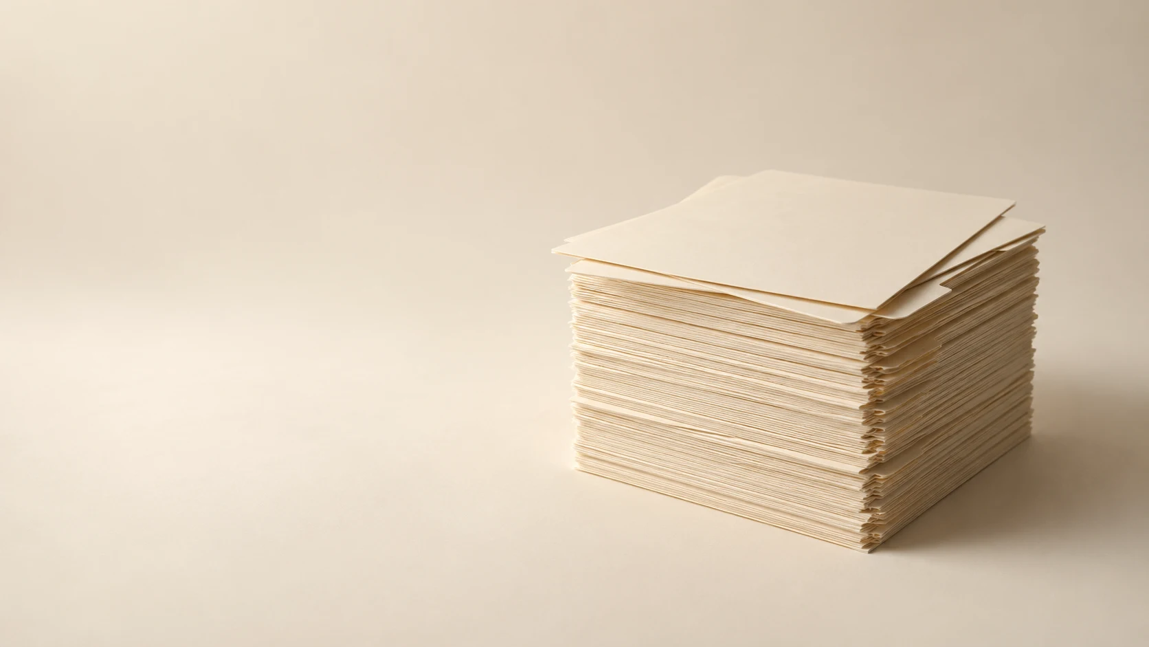 An editorial photograph of a tall, squared stack of plain cream file folders on a seamless cream studio backdrop, set to the right of a wide empty frame. Two loose folders rest slightly askew on top of the stack.