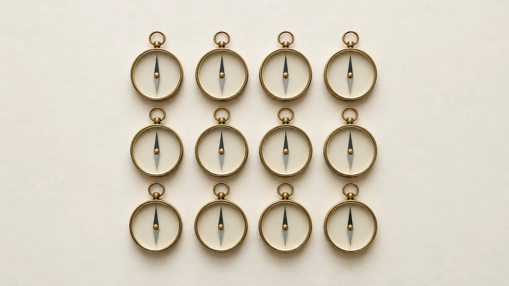 An editorial photograph of twelve identical brass pocket compasses with plain cream faces, laid flat in a neat grid on cream paper and seen from directly above. Every needle points the same way.