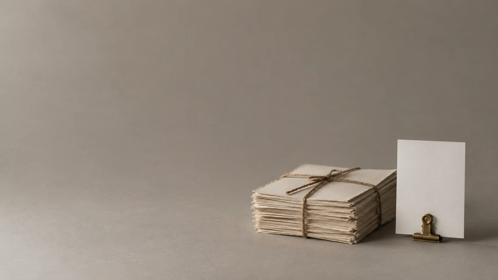 An editorial photograph of a thick pile of rough-edged cream pages tied with twine on a seamless warm-grey studio backdrop. Beside it a single crisp blank white card stands upright in a small brass bulldog clip.