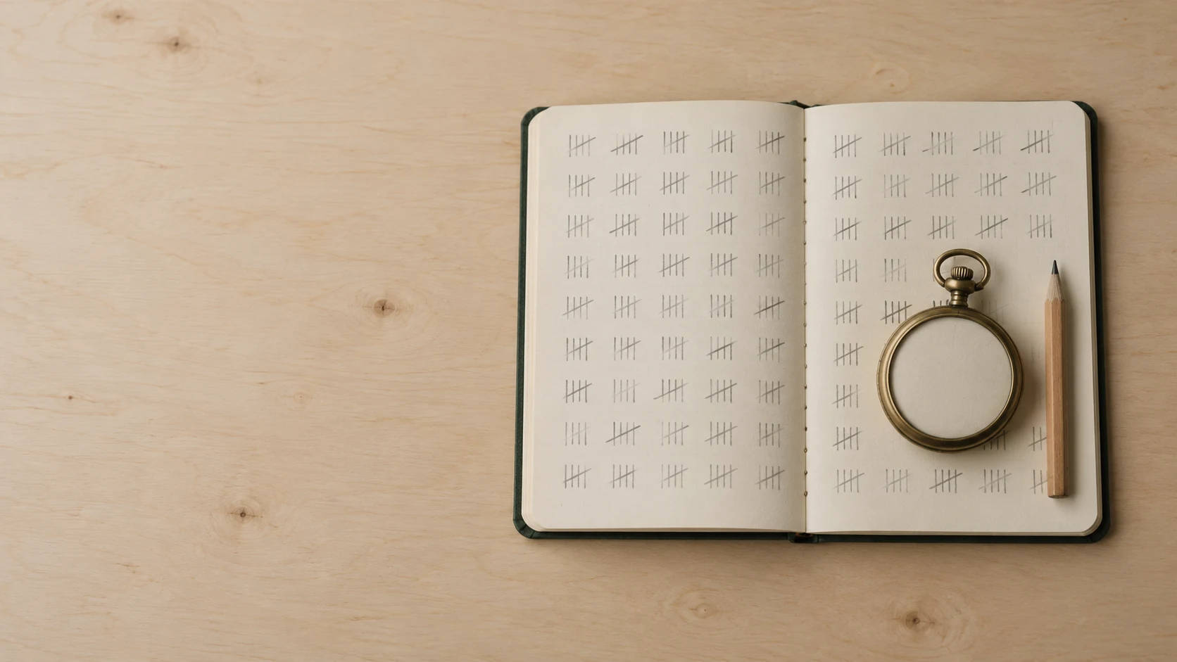 An editorial photograph taken straight down onto a pale birch board, with an open notebook filled with rows of pencil tally marks grouped in fives. A brass pocket stopwatch with a blank dial rests on the page beside a short pencil.
