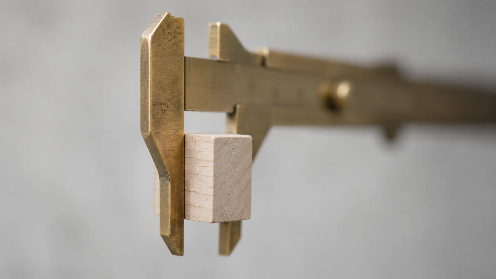 An editorial photograph of the jaws of an aged brass vernier caliper closed on a small pale wooden block, shot close up. The caliper's beam recedes into soft blur against a plain grey background.