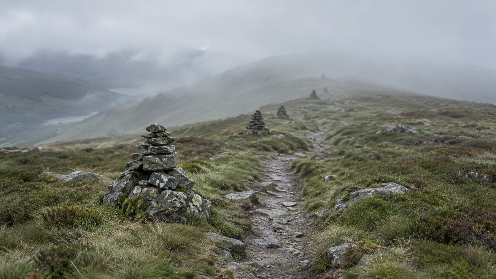 An editorial photograph of a narrow stony footpath crossing misty upland moorland, marked by a line of stacked stone cairns. The nearest cairn stands sharp in the foreground and each one beyond grows smaller until the last fades into low cloud.