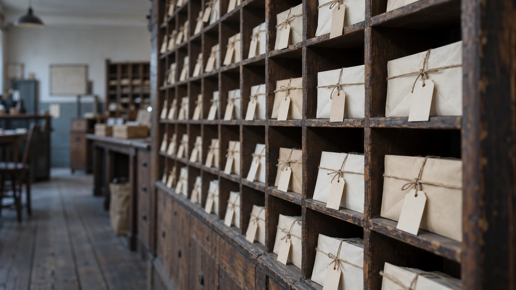 An editorial photograph of a wall of wooden pigeonholes in an old sorting room, each holding its own envelope tied with string and carrying a blank paper tag. The sorting bench and floorboards behind fall into soft focus.