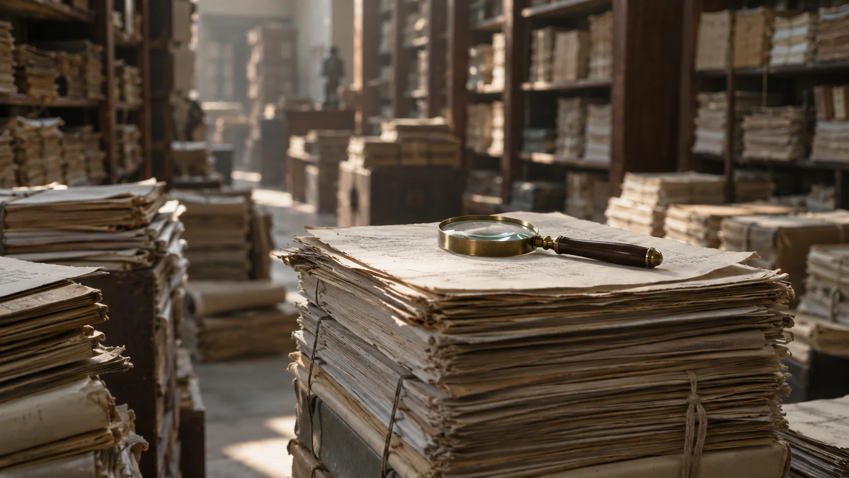 An editorial photograph of an archive room crowded with towering stacks of aged paper and shelves of bundled files fading into soft focus. A brass-rimmed magnifying glass rests on the top sheet of the nearest stack only.