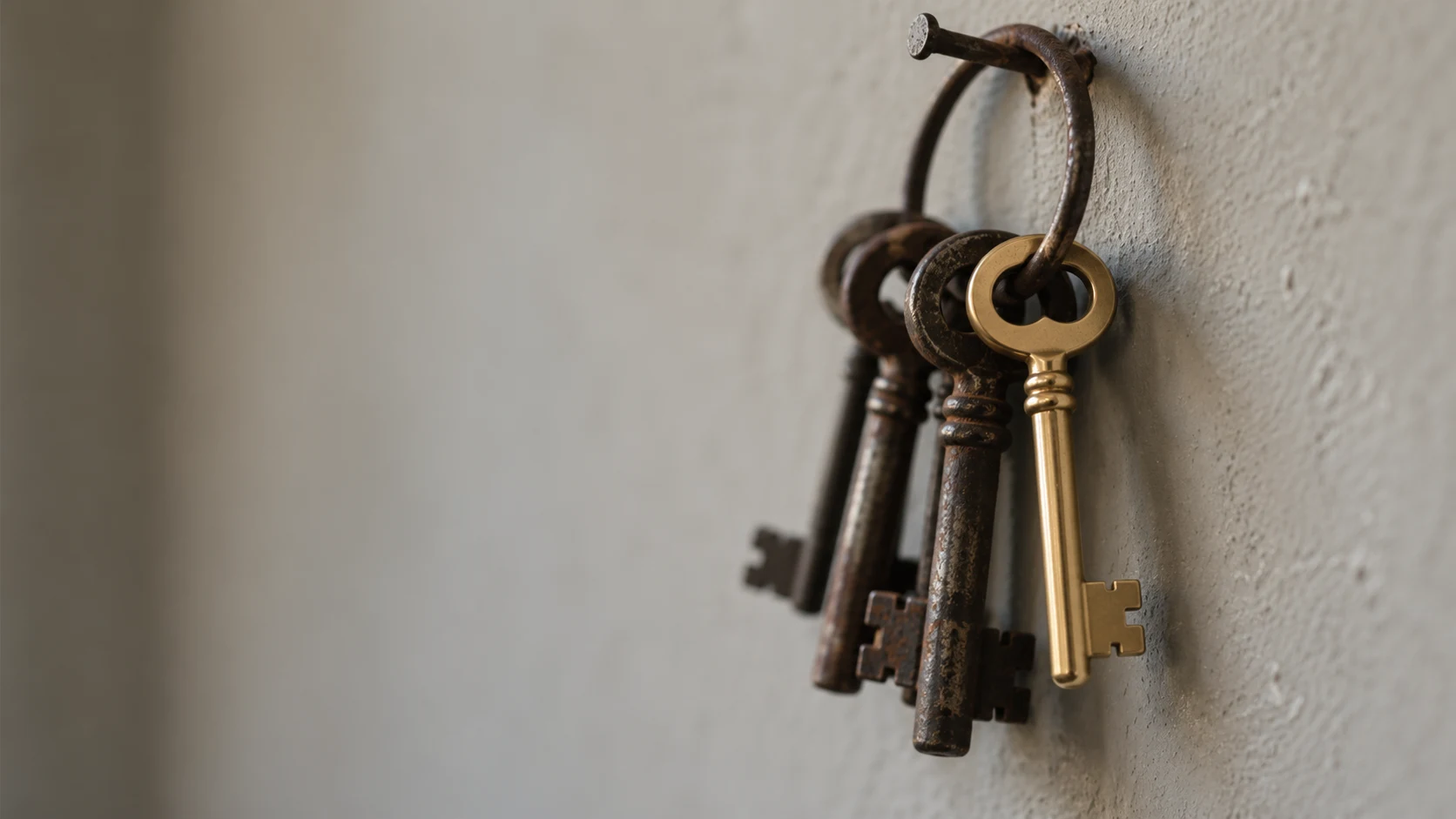 An editorial photograph in tight close-up of an iron key ring hanging from a nail on a plaster wall. Three old, rusted skeleton keys hang beside one new, polished brass key of nearly the same shape, with the wall falling into soft blur.