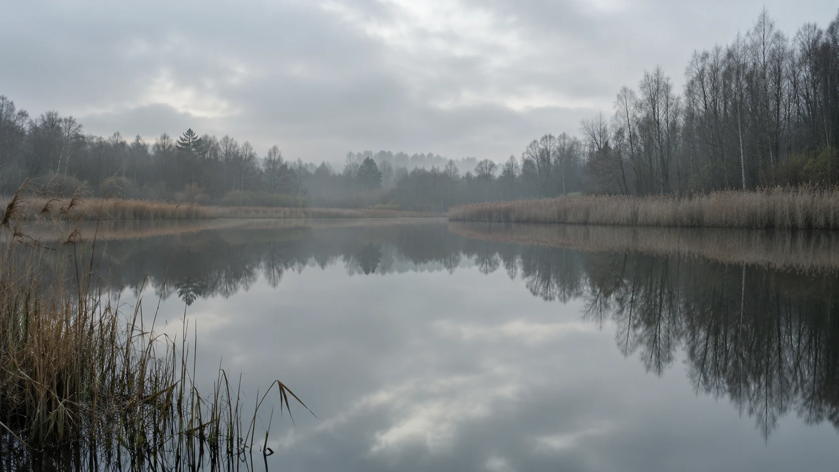An editorial photograph of a perfectly still woodland pond under a grey overcast sky. The glassy water mirrors the clouds, the bare trees and the dry reeds that line its banks.