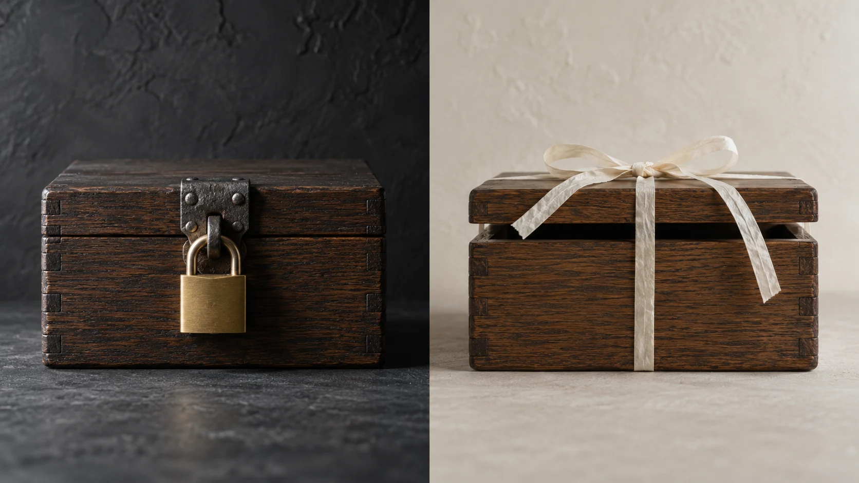 An editorial photograph of two matching dark oak boxes in a split frame. On the left, against dark charcoal plaster, one box is locked with a plain brass padlock through an iron hasp. On the right, against pale cream plaster, the other is held only by a loose paper ribbon bow, its lid sitting ajar.
