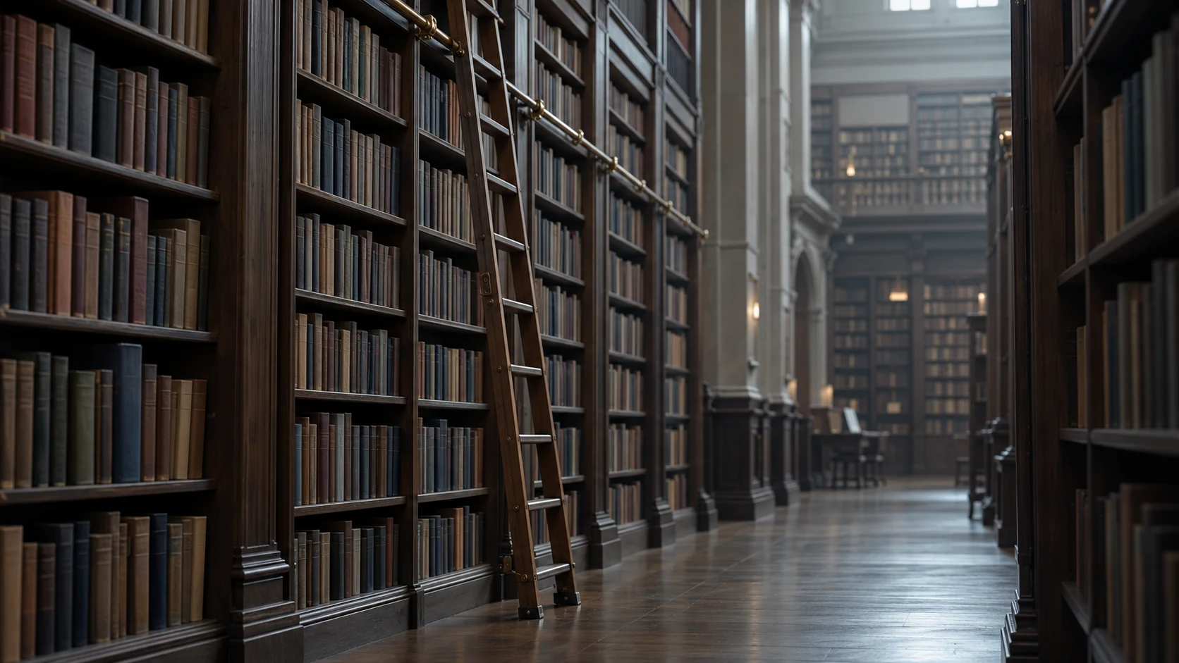 An editorial photograph of a tall wooden rolling ladder hooked onto a brass rail against floor-to-ceiling dark wooden bookshelves in an old library. The aisle runs back past stone columns and a gallery level into soft, hazy daylight.