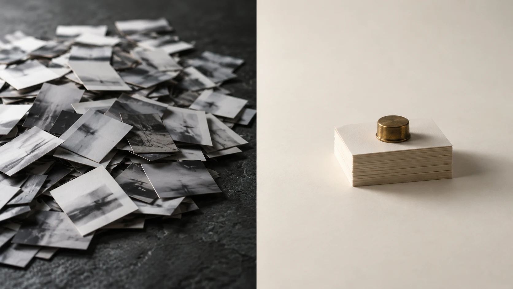 An editorial photograph split into two halves. On the left, a messy heap of hundreds of slightly different printed cards spills across dark slate. On the right, one short neat stack of identical cream cards sits under a brass paperweight on pale paper.