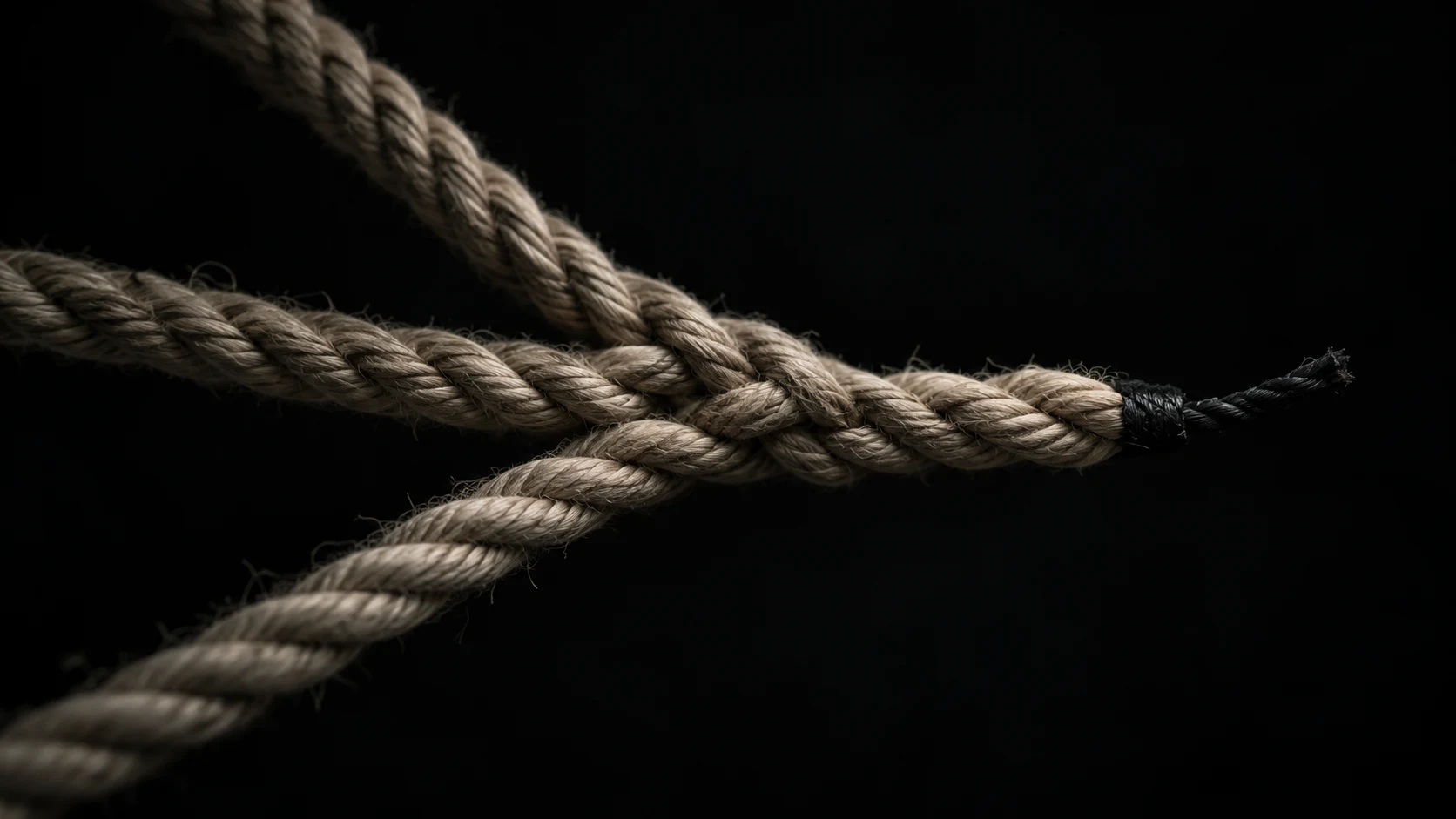 An editorial photograph of three pale fibre ropes reaching in from different directions against a black background and twisting together into a single rope. The joined rope ends in a short black fuse, caught by one low side light.