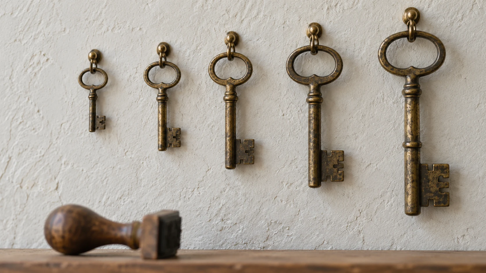 An editorial photograph of five aged brass keys hanging on small brass hooks across a textured off-white plaster wall, graded in size from smallest to largest. A worn wooden rubber stamp lies on its side on a narrow ledge below, softly out of focus.