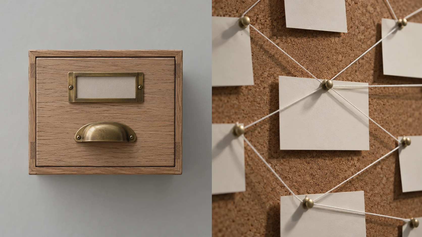 An editorial photograph split down the middle into two halves. On the left, a single closed oak card-catalogue drawer with a brass pull and an empty label frame sits in flat grey light. On the right, blank cream index cards pinned to cork with brass pins are joined to one another by taut white string.