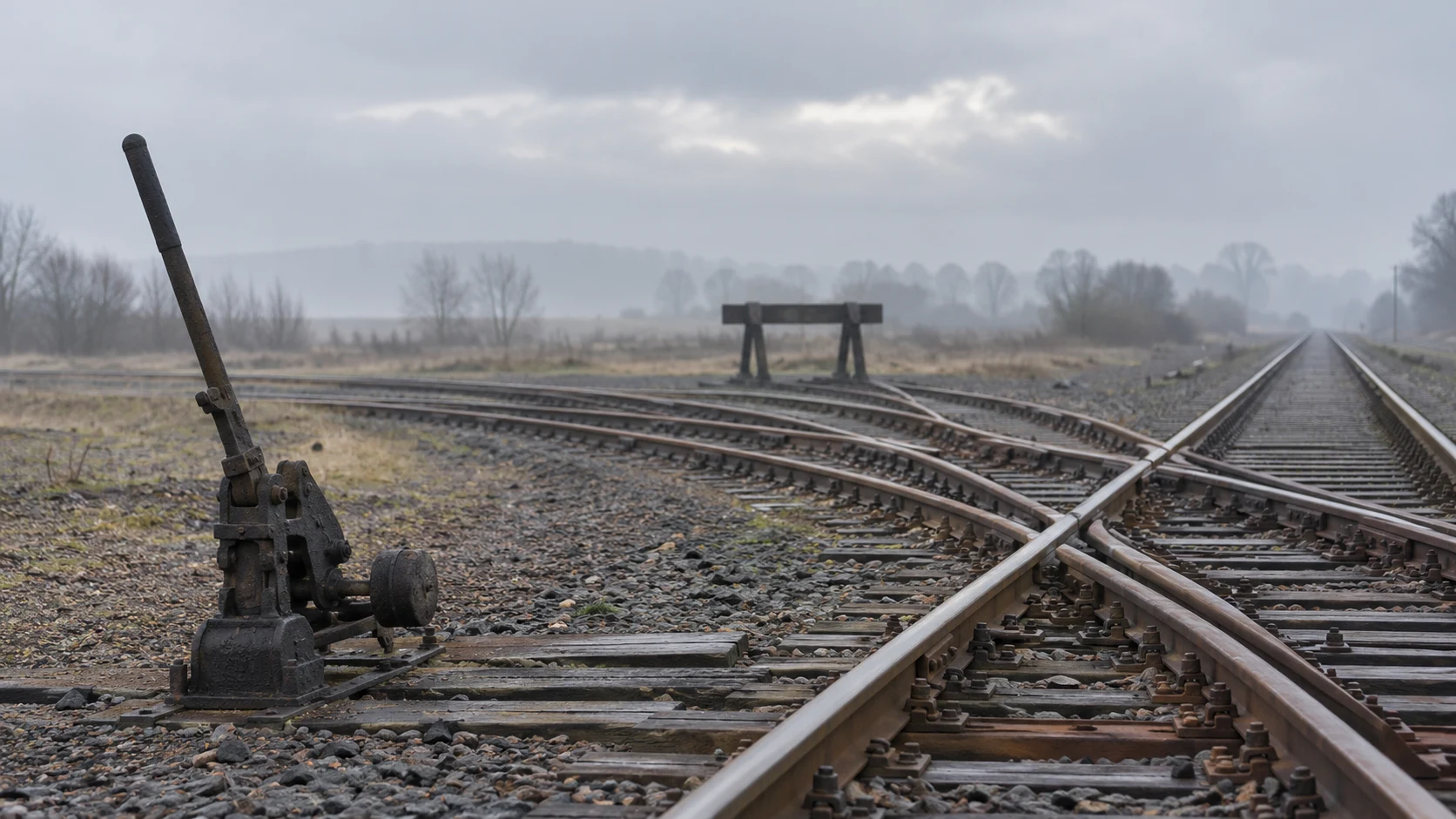 An editorial photograph of a misty railway yard on an overcast morning. An old iron hand lever stands beside a track switch in the foreground, where most of the rails curve off toward a short siding ending at a timber buffer stop while one line runs on to the horizon.