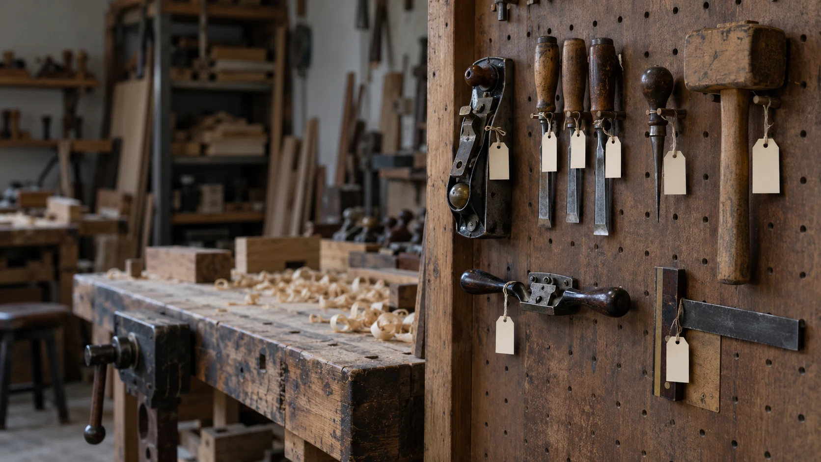 An editorial photograph of hand tools hanging on a dark wooden pegboard in a woodworking workshop, including a block plane, chisels, an awl, a mallet, a spokeshave and a try square, each with a blank cream luggage tag tied on with string. A worn workbench with a vice and curls of shavings falls away into soft focus behind.